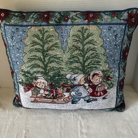 Festive Holiday Tapestry Pillow with Children and Trees - Picture 2 of 2